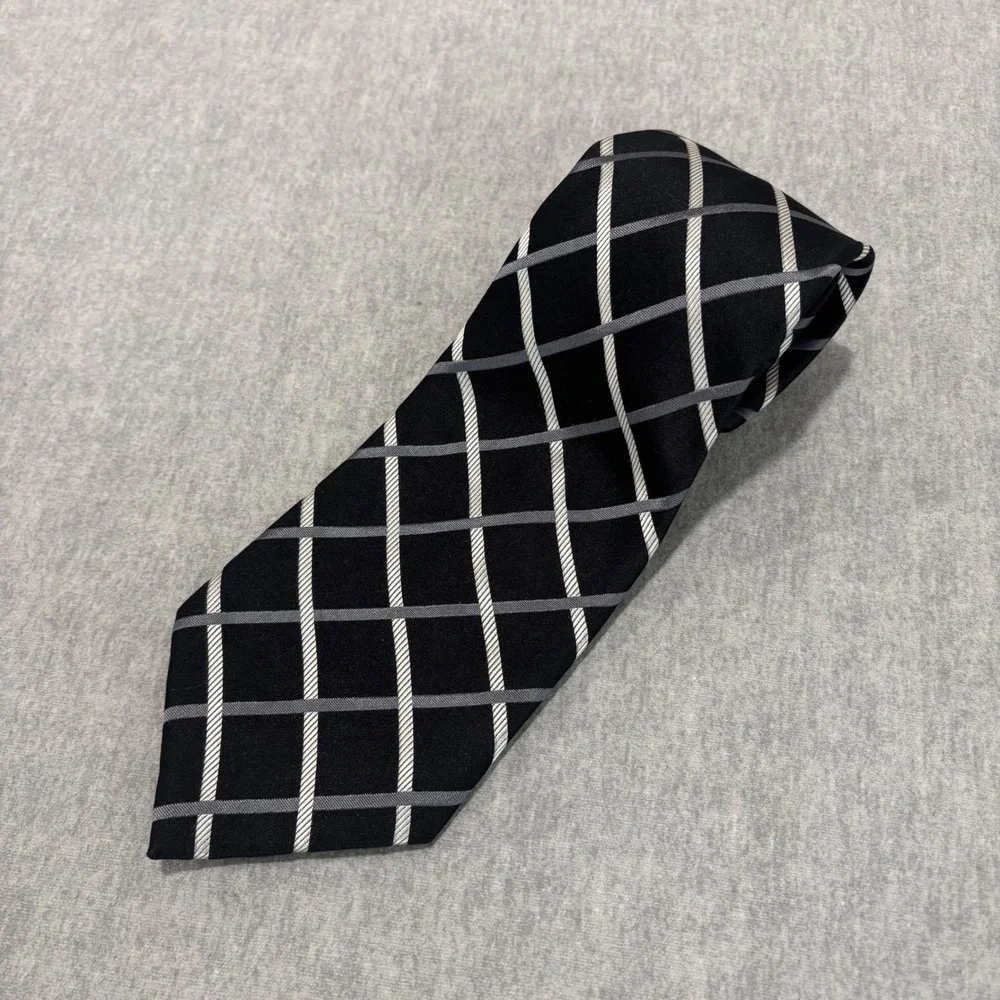 Donald J Trump Signature Collection Silk Tie Black White Grey Grid Pattern Mens